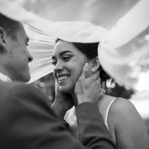 marié tenant le visage de la mariée sous son voile